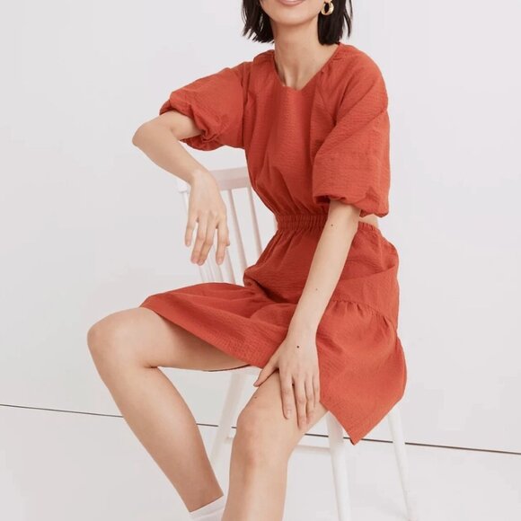 Madewell Red Seersucker Puff Sleeve Cutout Mini Dress, Size L - Picture 1 of 7